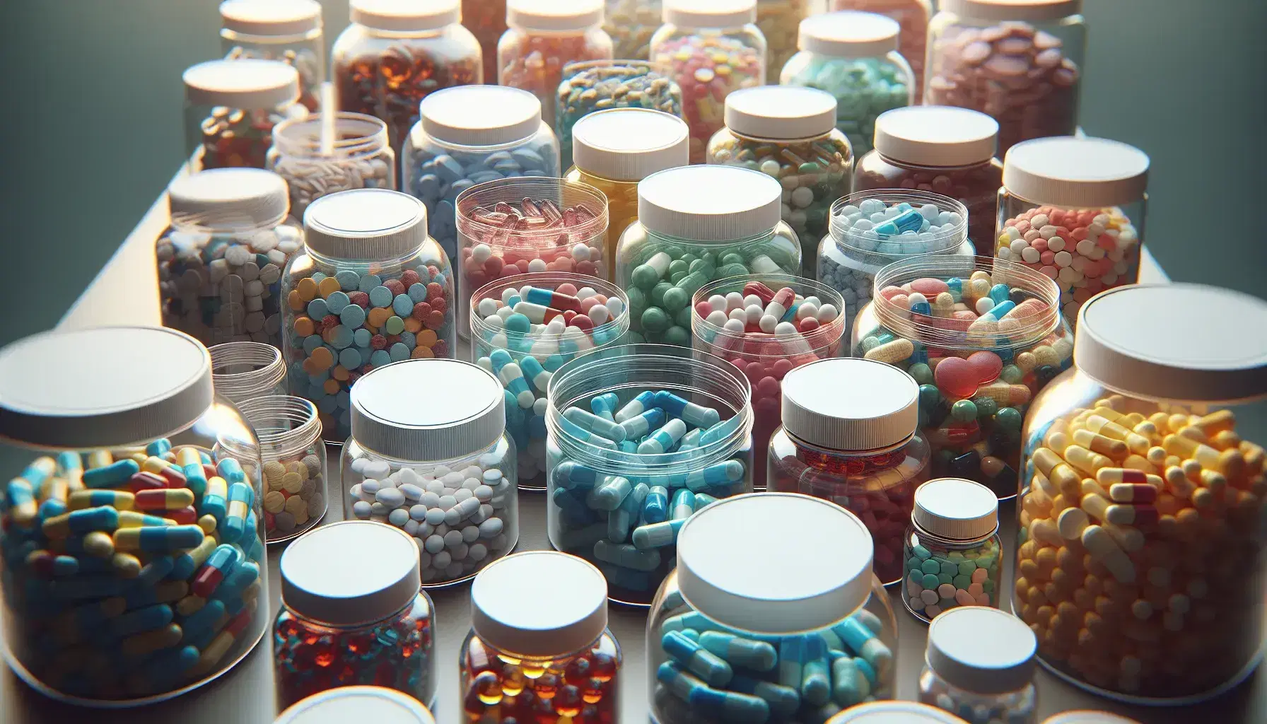 Frascos de vidrio transparentes con tapas de colores y pastillas variadas en tonos azules, rojos, verdes, amarillos y blancos sobre mesa de laboratorio.