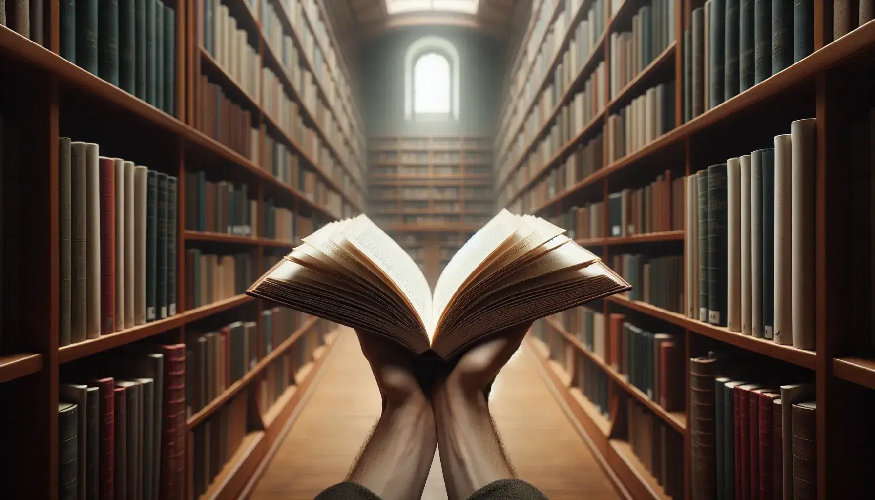 Hands holding an open book with blank pages in a tranquil library, with out-of-focus bookshelves and a window casting soft light on the scene.