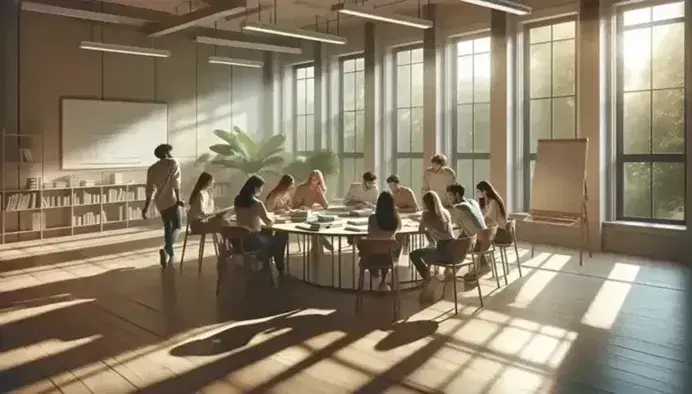 Aula luminosa con estudiantes adultos alrededor de una mesa redonda discutiendo materiales educativos, con una pizarra blanca y planta verde al fondo.