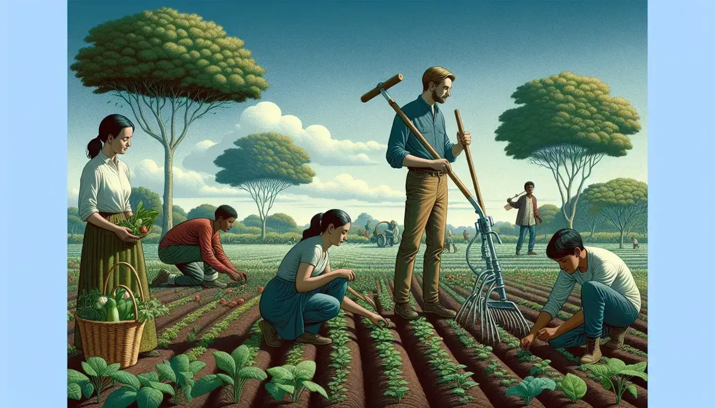 Grupo diverso de cinco personas trabajando en campo abierto, con un hombre usando arado manual y una mujer recolectando cultivos en cesta.