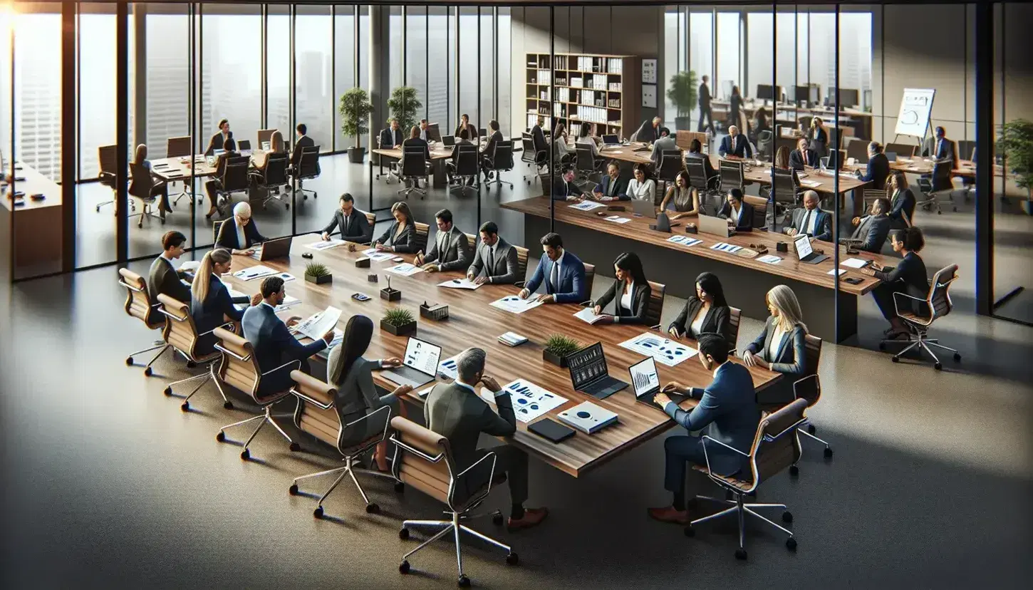 Diverse team of professionals collaborates around a conference table with laptops and documents in a well-lit, modern office setting.