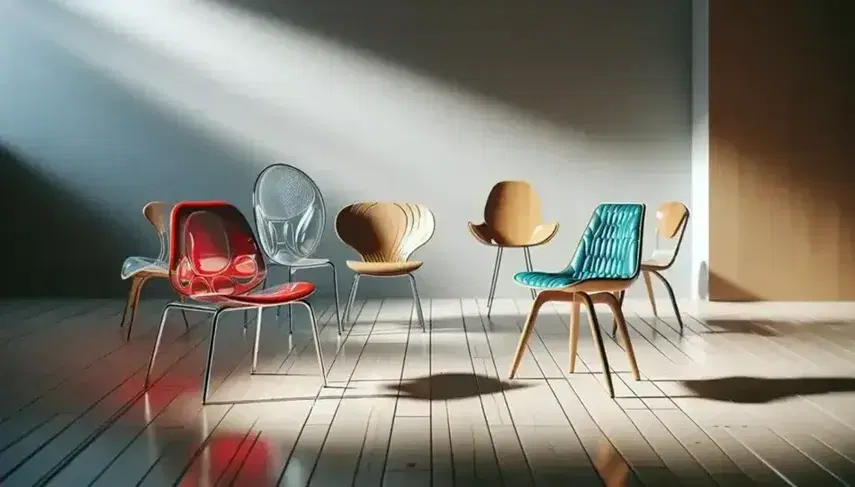 Semicírculo de sillas de diseño moderno con una roja de plástico, otra de madera curvada, una transparente y una tapizada en turquesa.