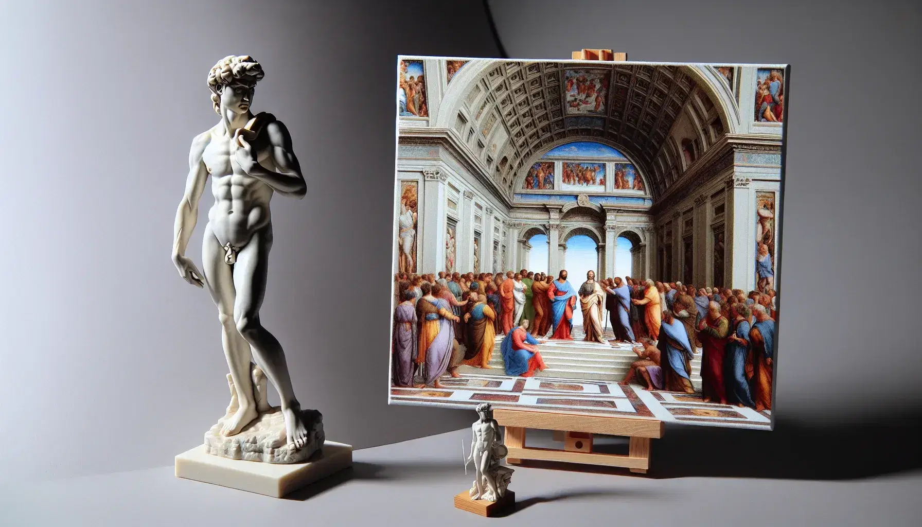 Riproduzioni in miniatura del David di Michelangelo e della Scuola di Atene di Raffaello su superficie grigia, dettagliate e senza ombre invasive.