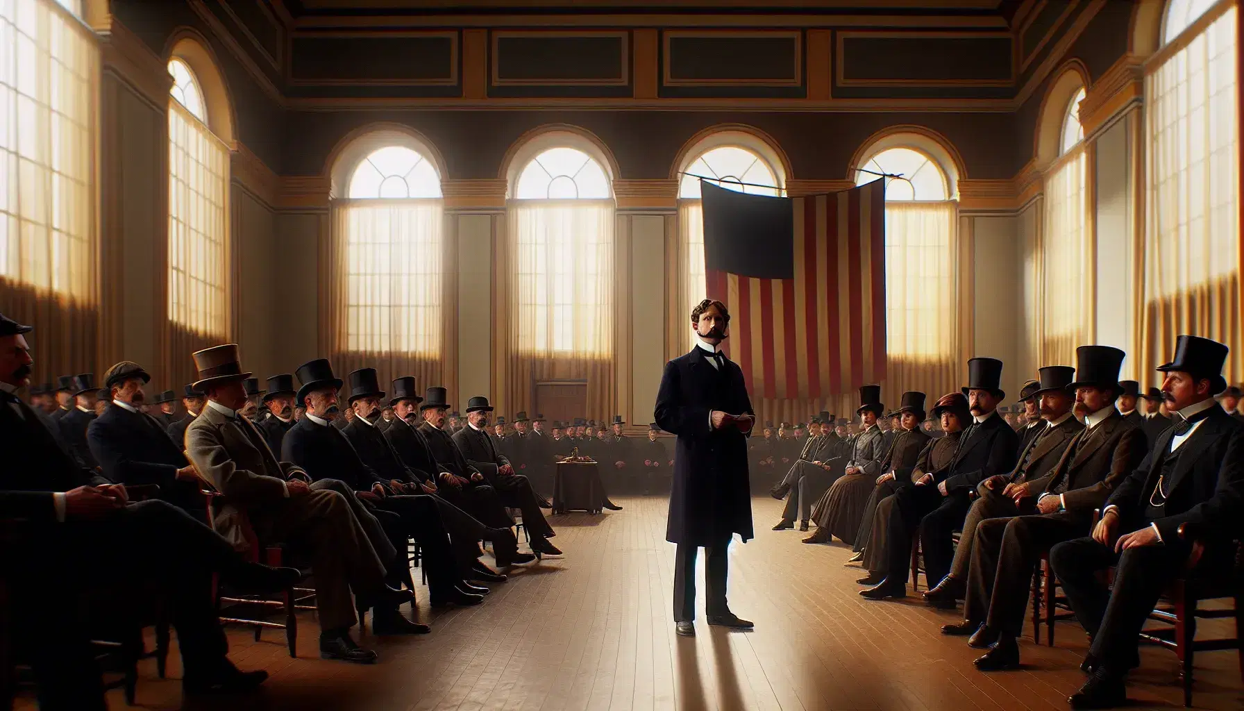 Hombre con traje y bigote da un discurso en un salón elegante del siglo XX, rodeado de personas atentas sentadas en sillas de madera y tapiz rojo, bajo luz natural de grandes ventanas arqueadas.