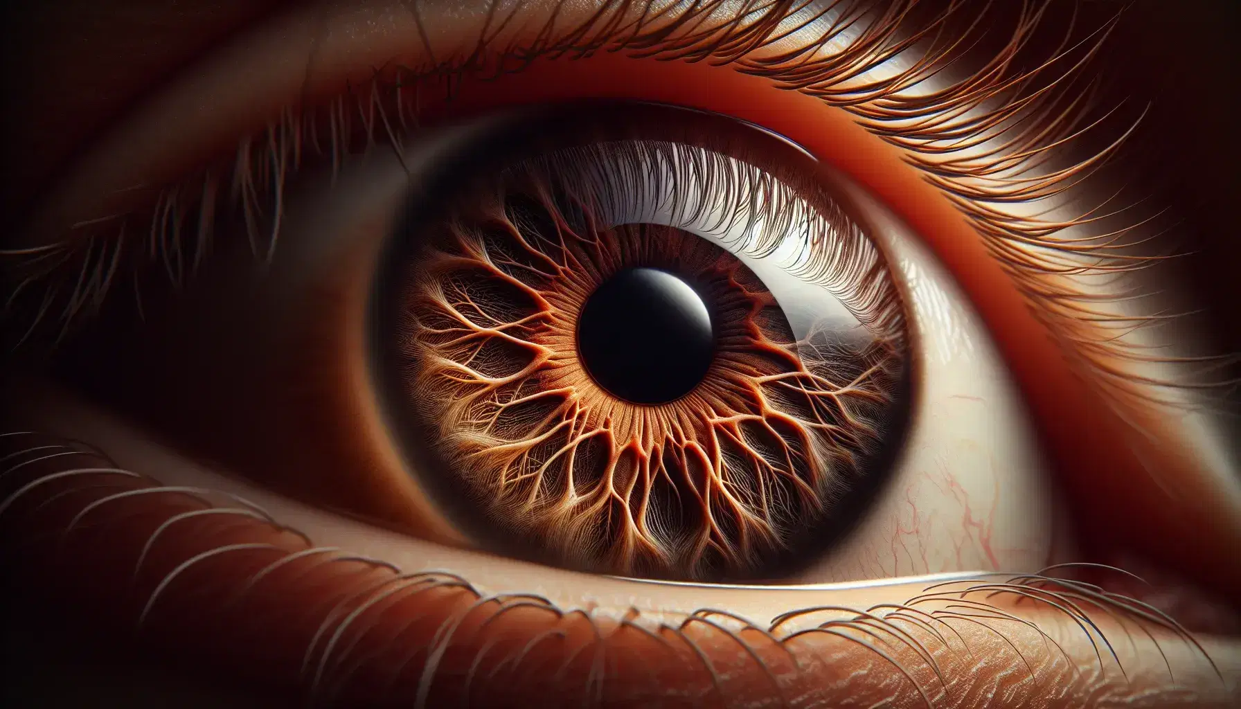 Close-up of human eye with hazel iris, black pupil, white sclera with blood vessels and curved eyelashes on delicate skin.