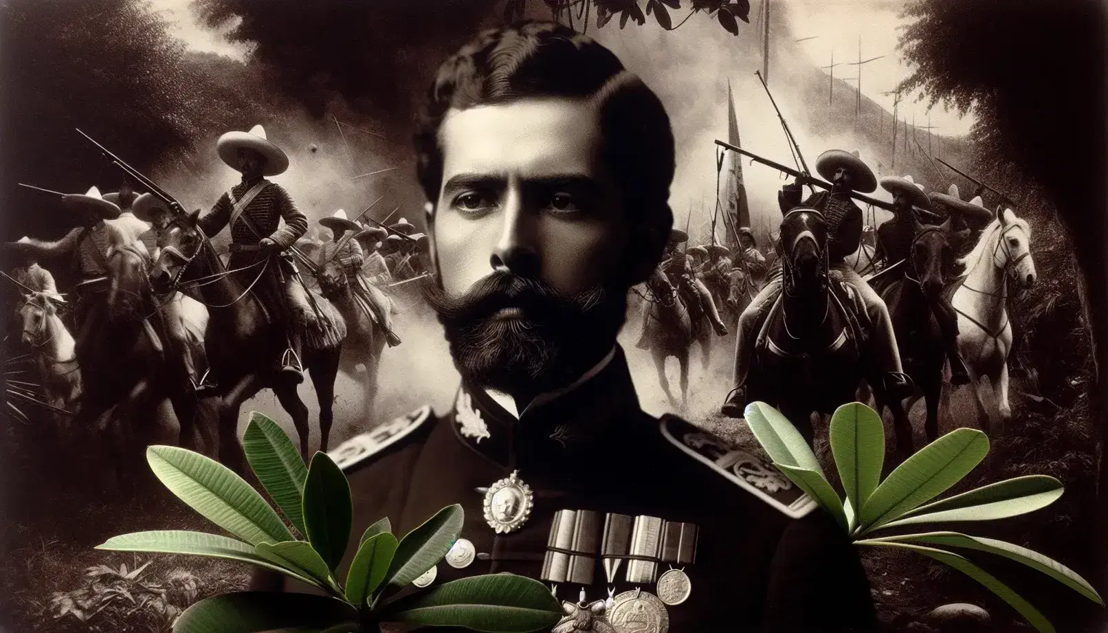 Retrato en sepia de figura militar del siglo XIX con barba y uniforme condecorado, trasfondo de revolucionarios a caballo y planta verde en primer plano.