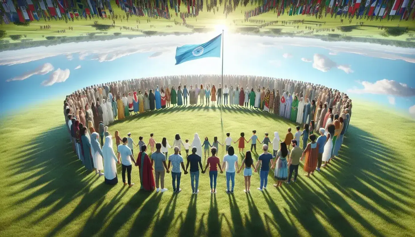 Grupo diverso de personas de diferentes edades y culturas tomadas de las manos en círculo alrededor de una bandera unicolor en un campo verde, bajo un cielo azul con nubes dispersas.
