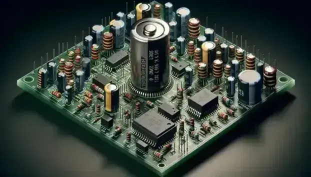 Placa de circuito impreso con componentes electrónicos, incluyendo batería CMOS, resistencias, capacitores, inductores, diodos y LEDs sobre fondo verde.