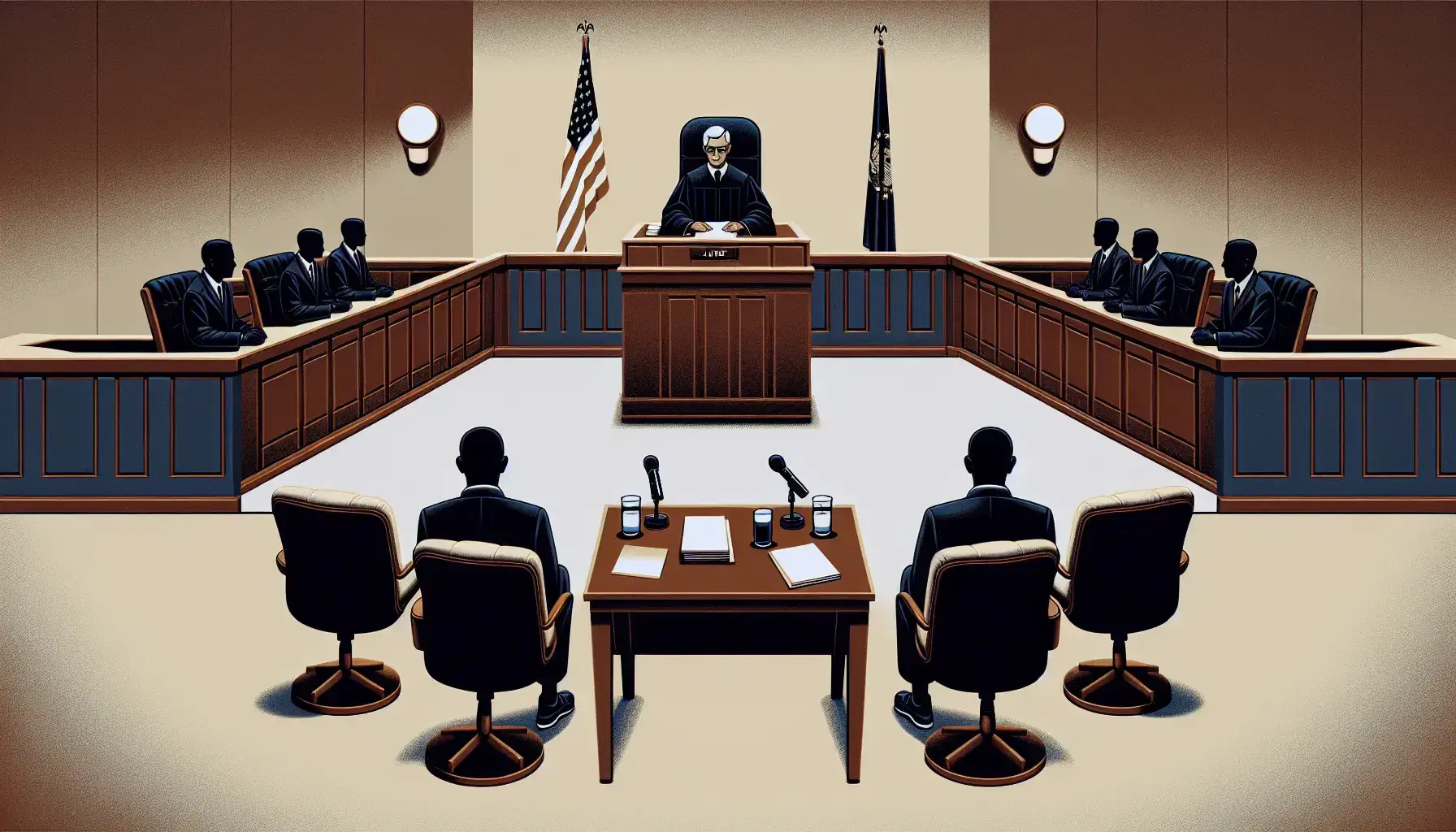 Escena de sala de juicio con juez en su silla elevada, abogados en mesas con micrófonos y una gran bandera sin símbolos al fondo.