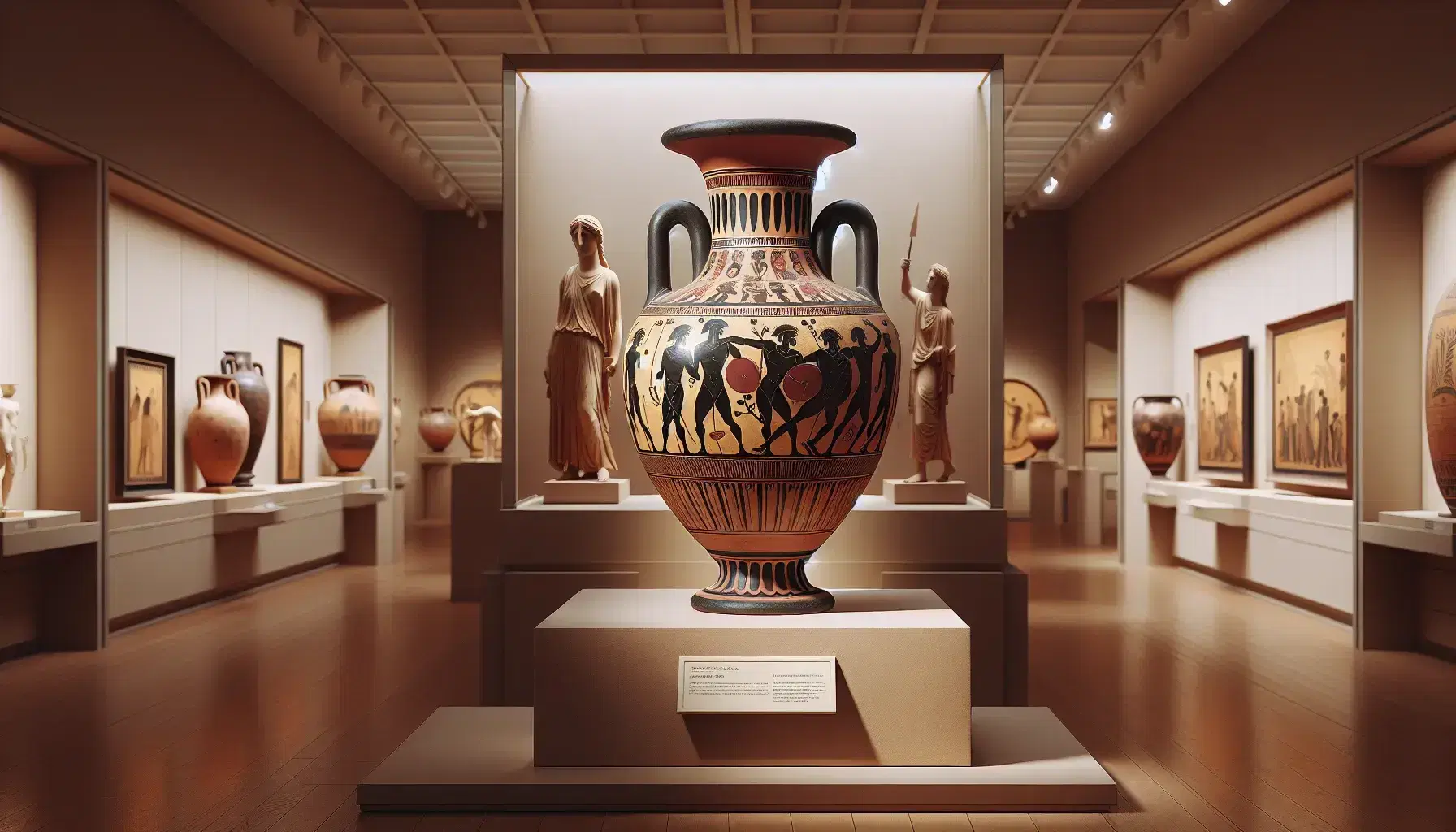 Riproduzione fedele di un vaso greco antico, anfora con figure nere e dettagli rossi su sfondo terracotta, esposta in museo con etichetta e illuminazione soffusa.