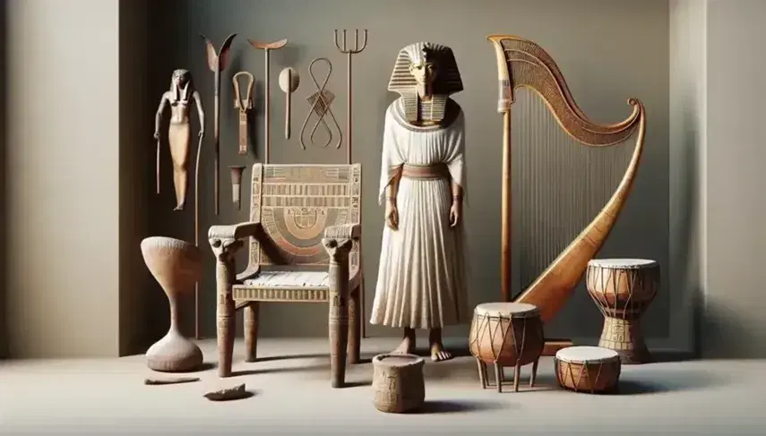 Collection of ancient Egyptian finds with carved chair, mannequin with tunic and gold jewels, statue and panel without writings.