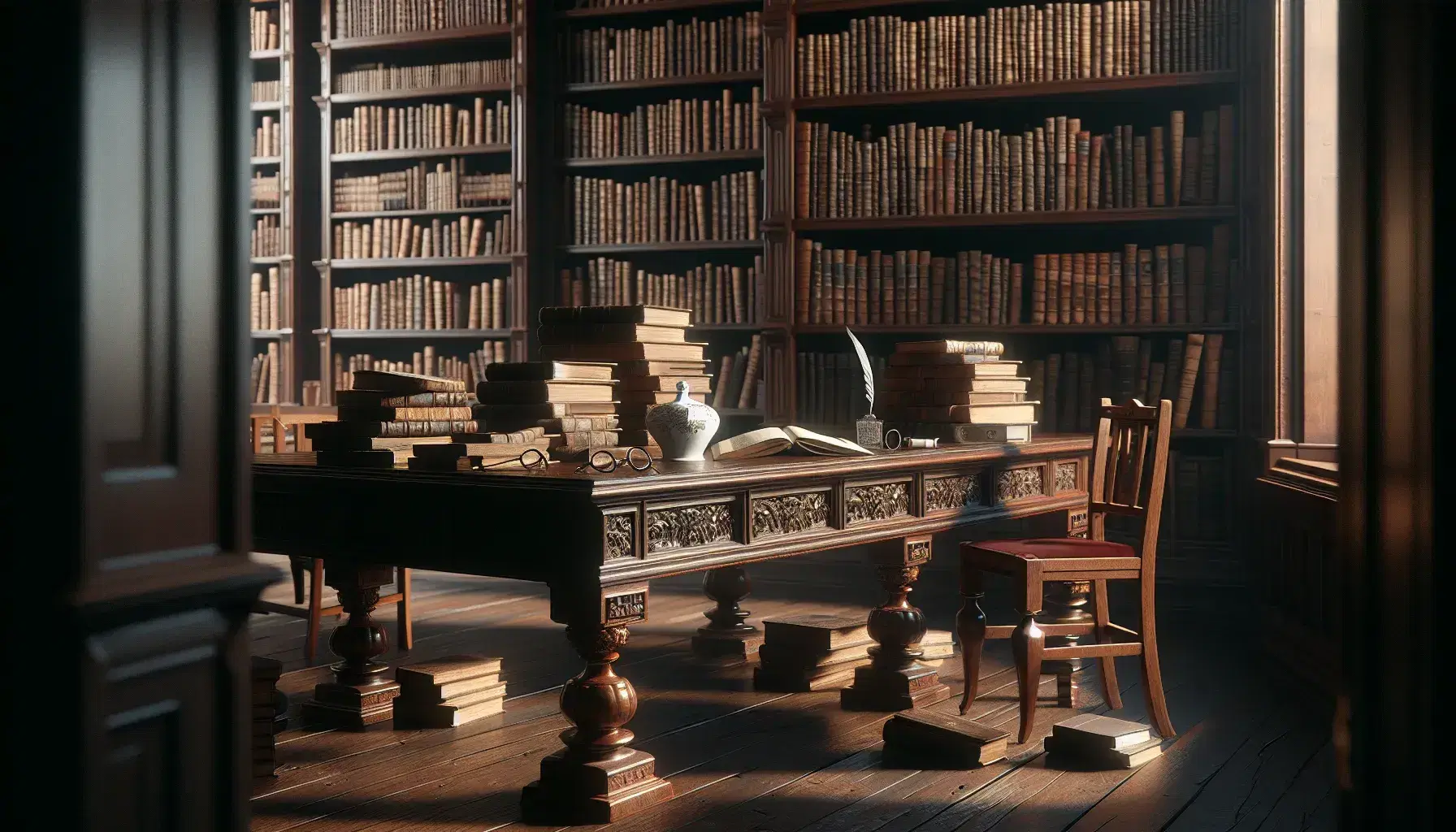 Biblioteca antigua con mesa de madera oscura, libros viejos, tintero de porcelana, gafas de bronce y globo terráqueo iluminados por luz natural.