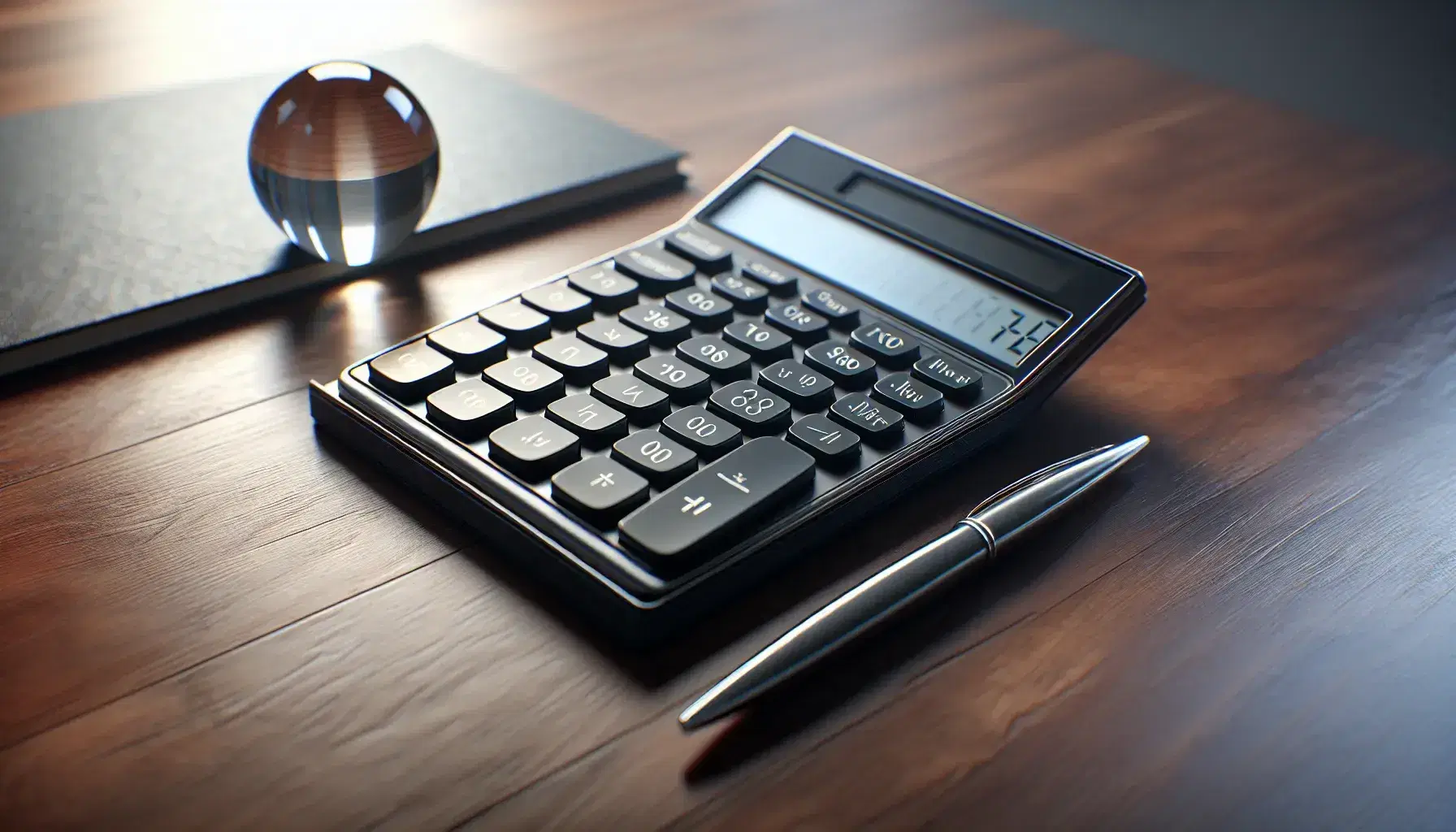 Sleek black calculator with blank display on wooden desk beside crystal glass paperweight, with silver pen on open notebook in soft-lit setting.