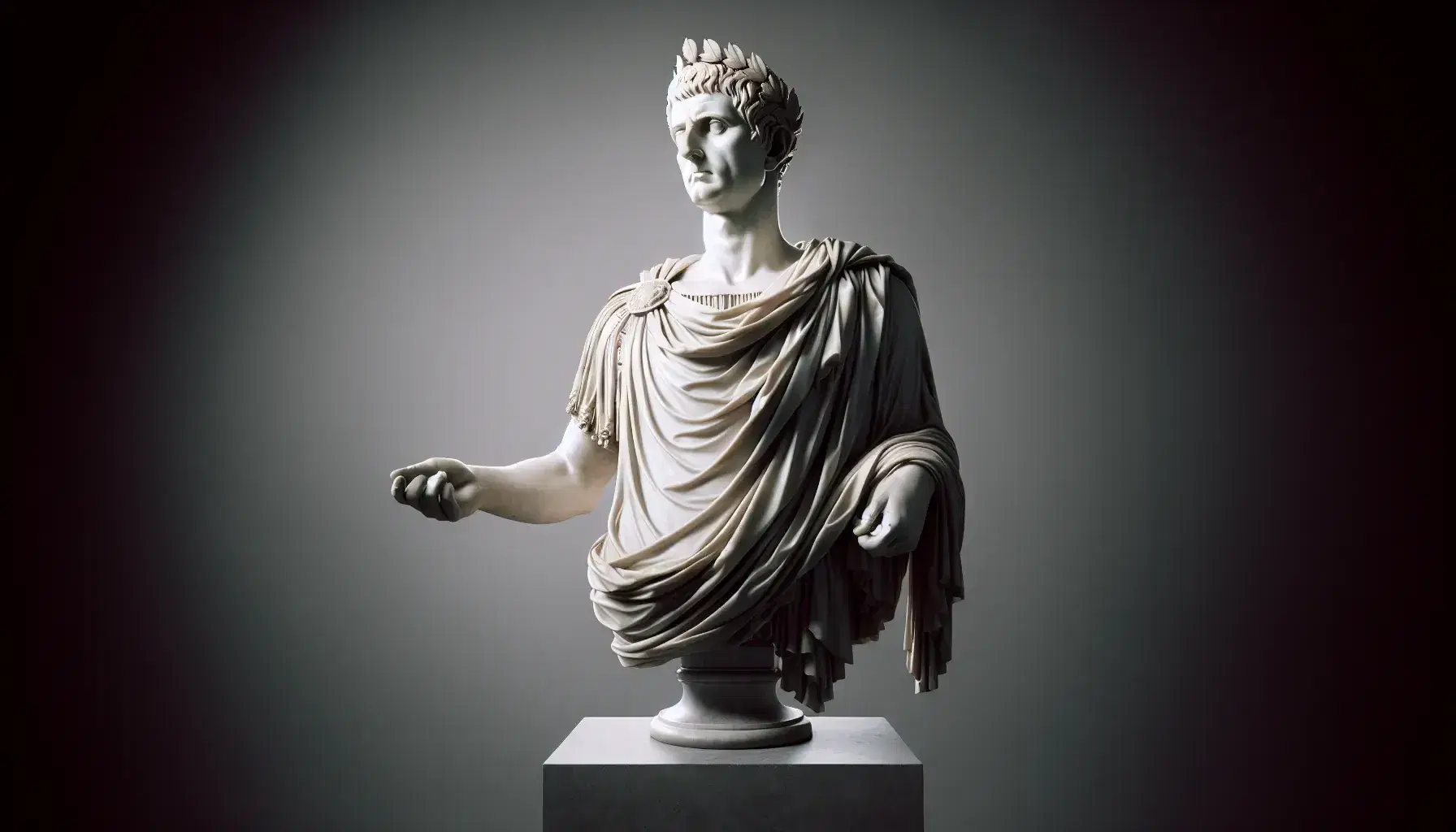 Statua in marmo bianco dell'Imperatore romano Diocleziano con toga drappeggiata, corona d'alloro e mano destra alzata su piedistallo grigio.