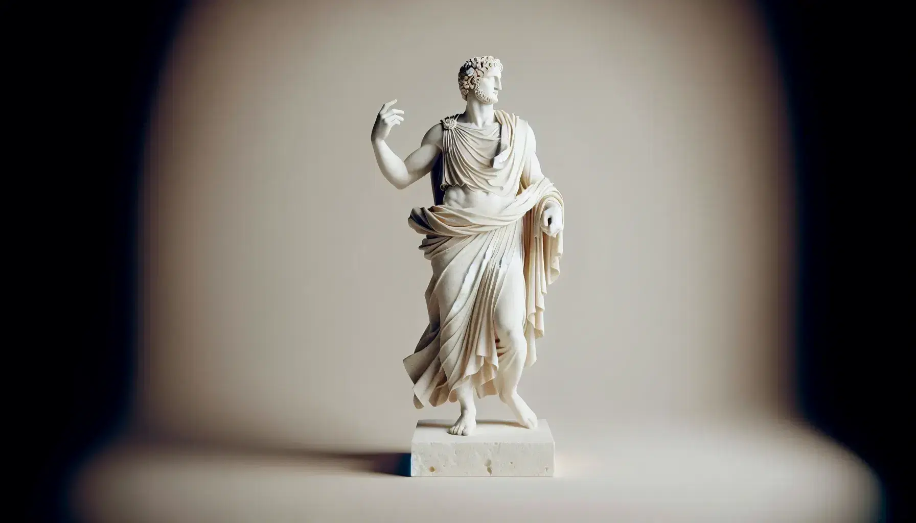 Scultura in marmo di Prometeo con braccio destro alzato e drappeggio dalla vita alle ginocchia, su sfondo neutro che evidenzia dettagli anatomici e texture.