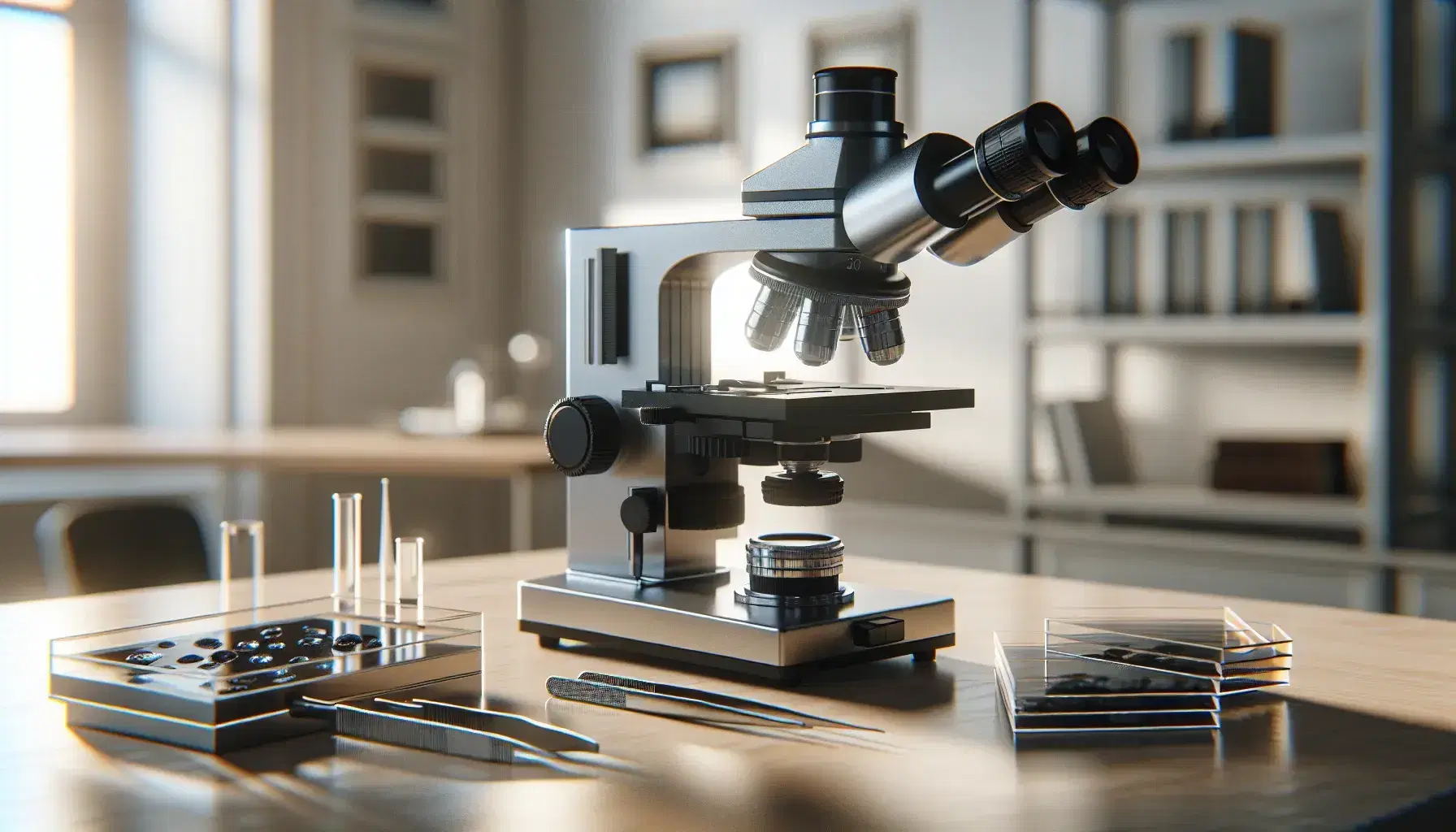 Microscopio ottico argento e nero su tavolo in legno chiaro con lenti, vetrini vuoti accanto e pinzette sfocate sullo sfondo.
