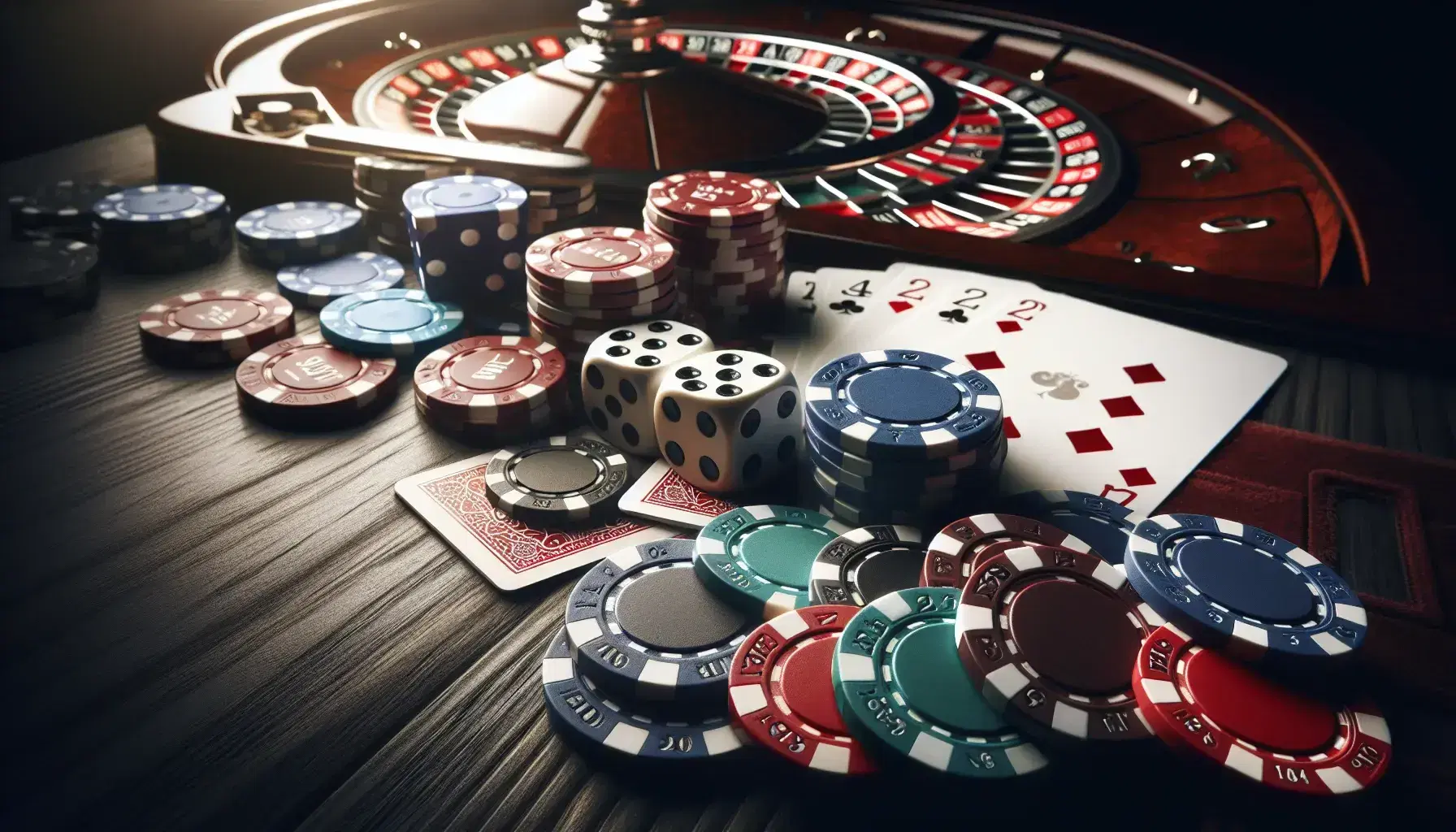 Mesa de madera oscura con fichas de casino de colores apiladas, dados blancos y cartas boca abajo, con ruleta de fondo desenfocada.