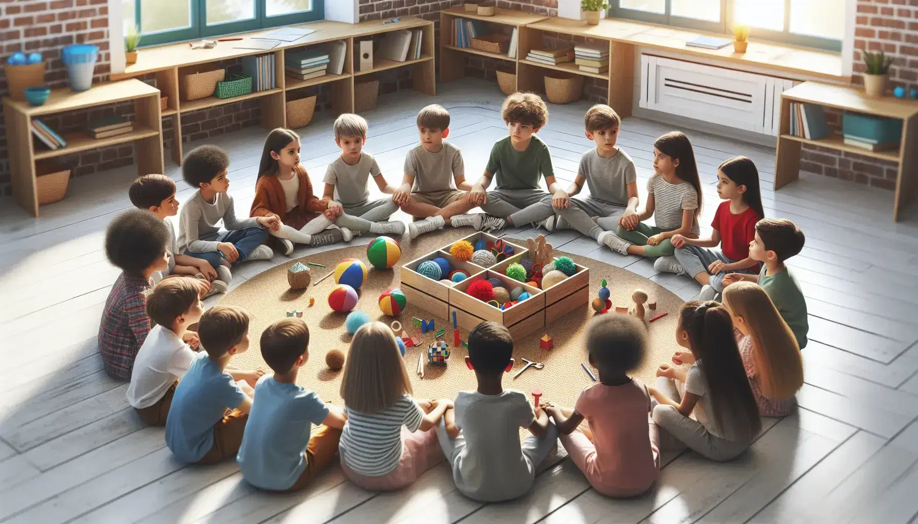 Niños y niñas de diversas etnias sentados en círculo en un aula, interactuando con objetos educativos coloridos, bajo luz natural.