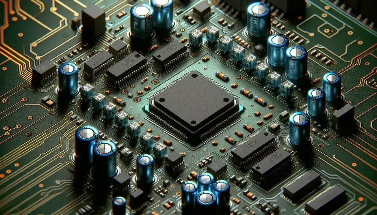 Primo piano di una scheda elettronica verde con componenti, tra cui condensatori cilindrici e resistenze rettangolari, e un microprocessore argentato al centro.