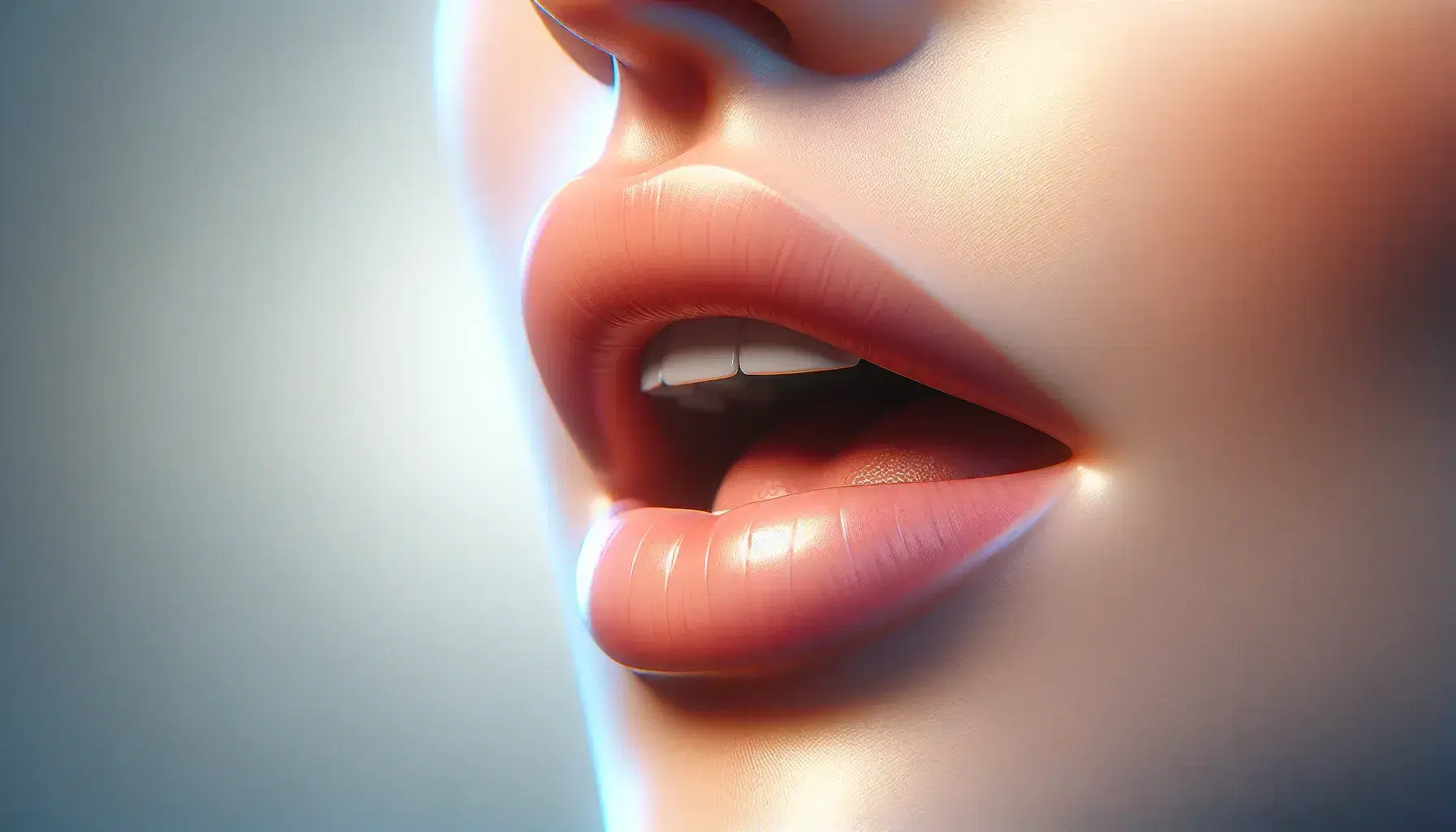 Close-up view of a human mouth speaking, with parted pink lips and a hint of a vowel sound against a soft blue and white blurred background.