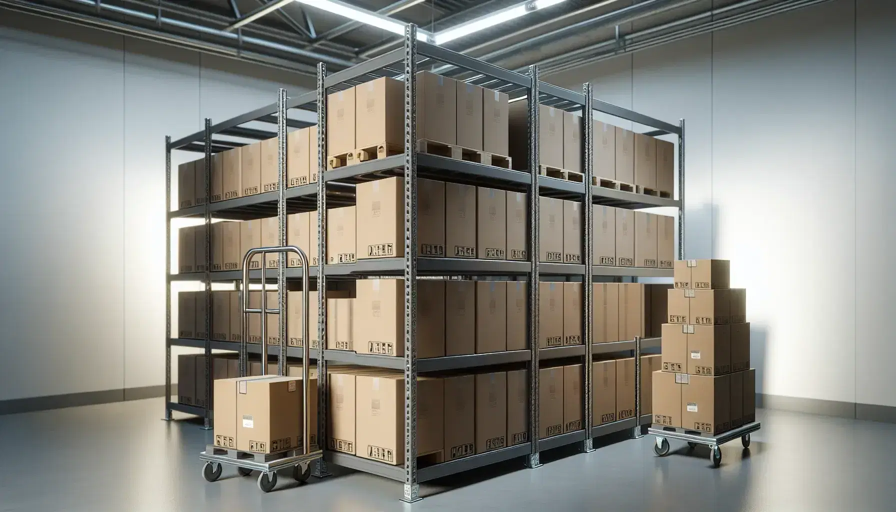 Estantería metálica con cajas de cartón en almacén iluminado, junto a carretilla manual, suelo gris liso y paredes blancas.