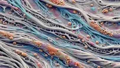 Micrografia elettronica a colori del tessuto connettivo con fibre di collagene blu e viola, fibre elastiche rosse e arancioni, e cellule gialle e verdi.