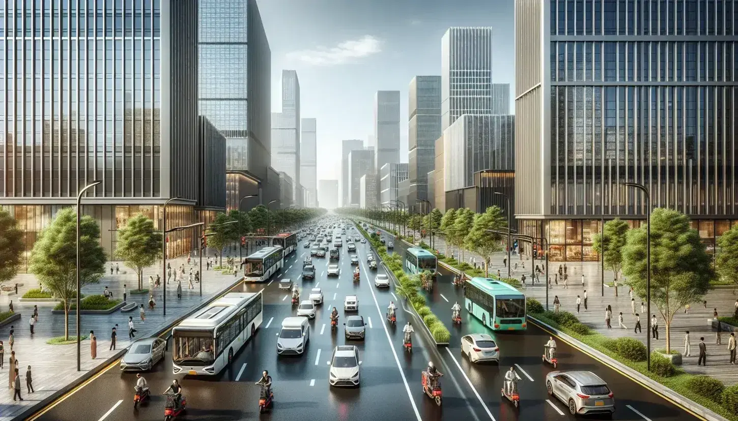 Urban street scene in modern Chinese city with orderly traffic, reflective buildings, pedestrians and touches of greenery under a clear sky.