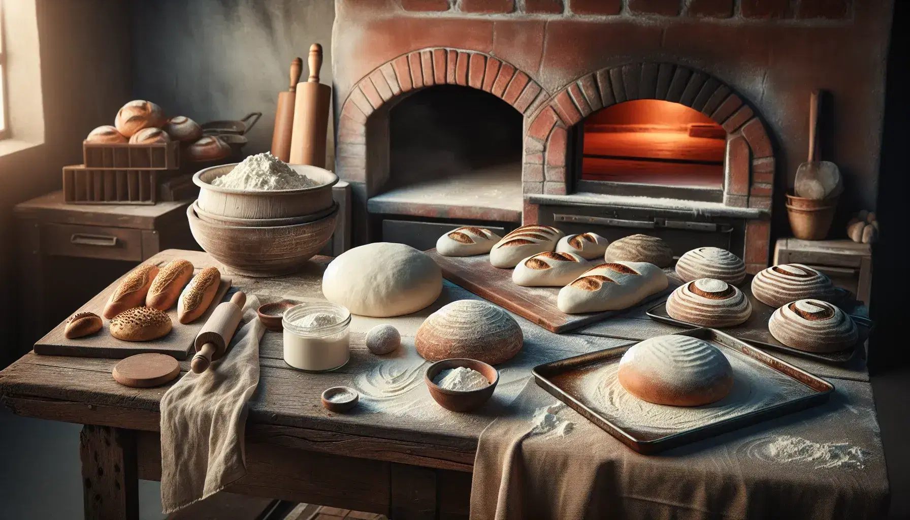 Escena de panadería artesanal con masa en diferentes etapas sobre mesa de madera, horno de ladrillo al fondo y panes horneados en estantería.