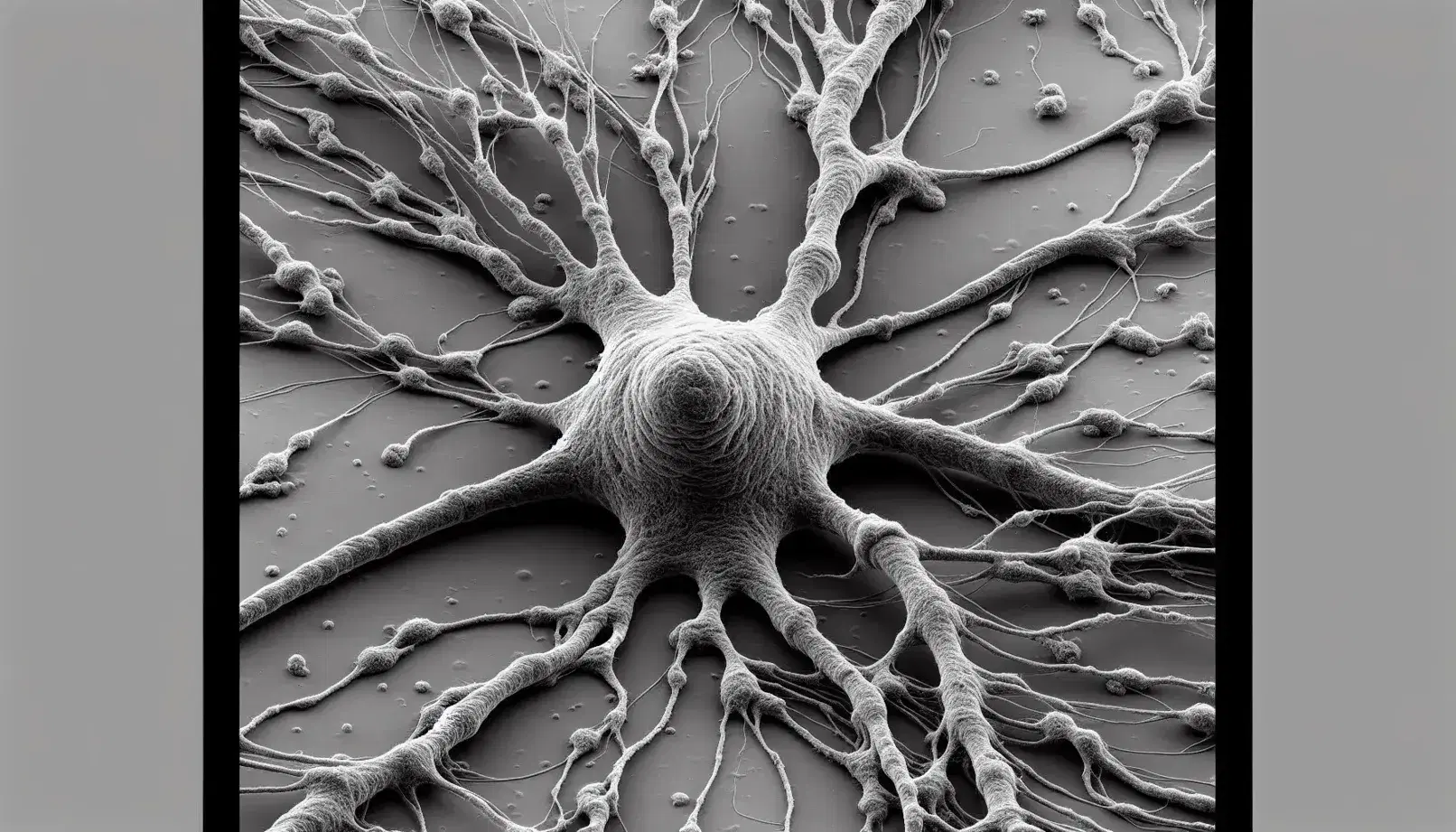 Neurone al microscopio elettronico con corpo cellulare, dendriti, assone e sinapsi evidenziati in dettaglio su sfondo sfumato.