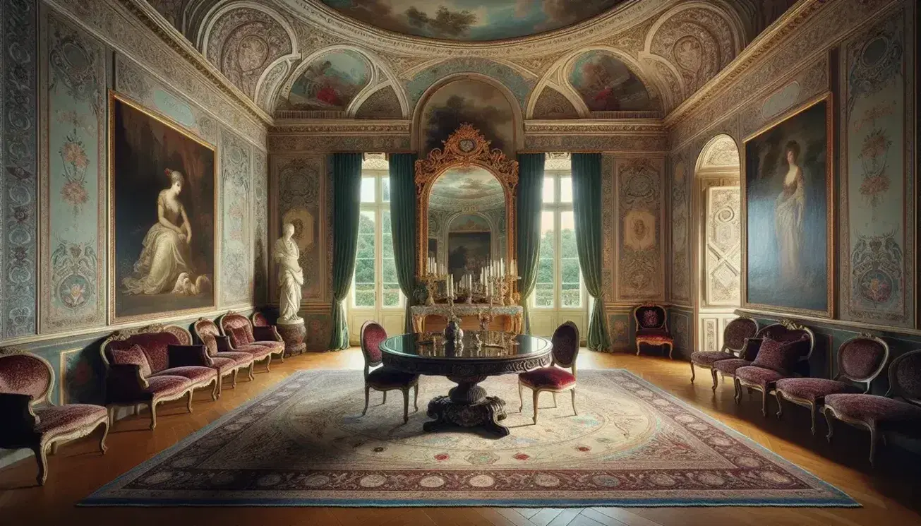 Sala elegante con affreschi pastello, tappeto persiano, tavolo ovale in legno, sedie in velluto bordeaux e specchio dorato in palazzo aristocratico.