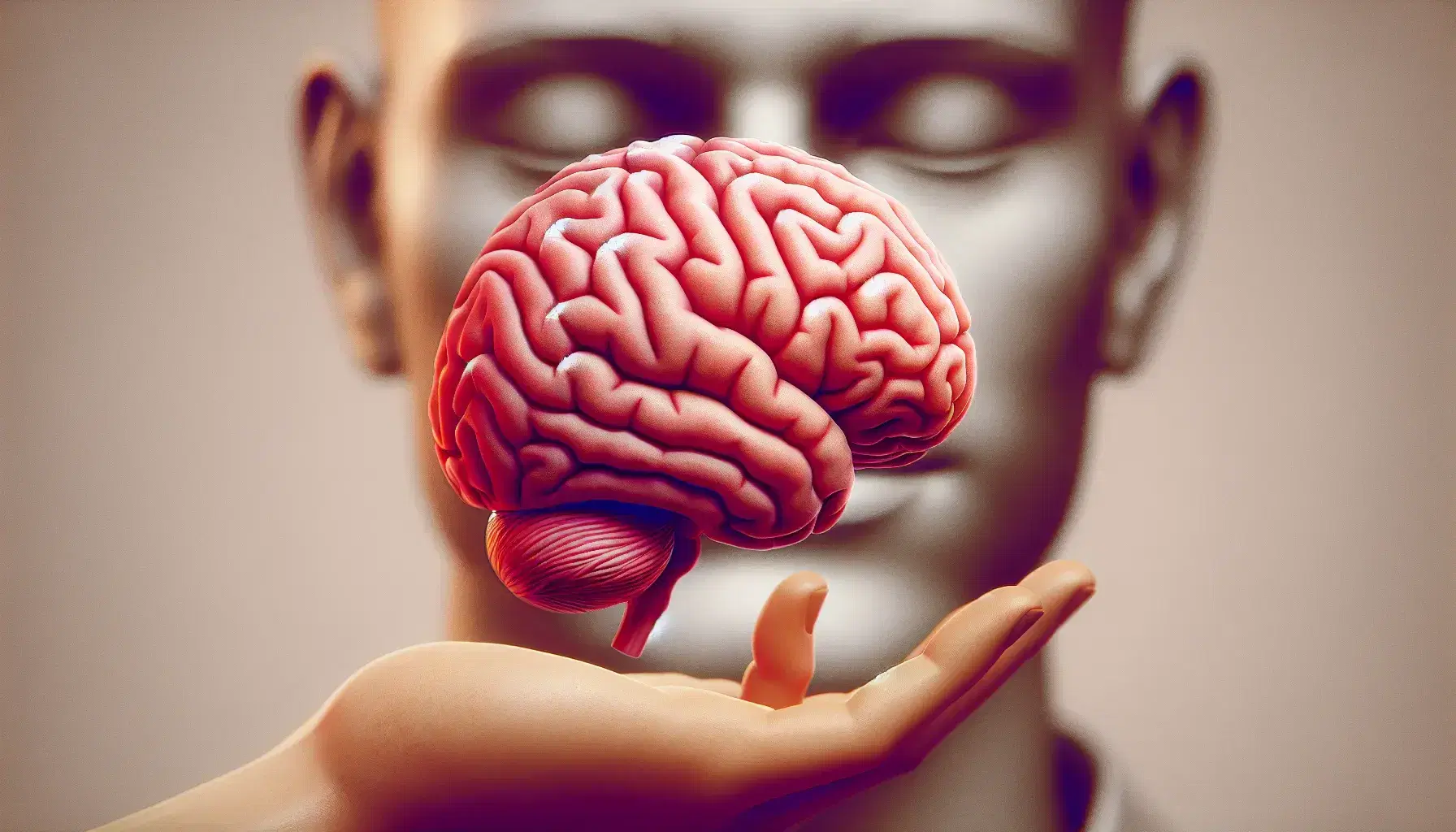 Cerebro humano en tonos rosas y rojos sostenido por una mano, con rostro humano en meditación y formas abstractas de fondo.