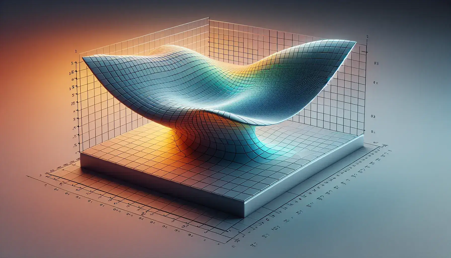Three-dimensional graph with a color-gradient surface representing a function z=f(x, y) and a red rectangular prism indicating an integral's bounds.