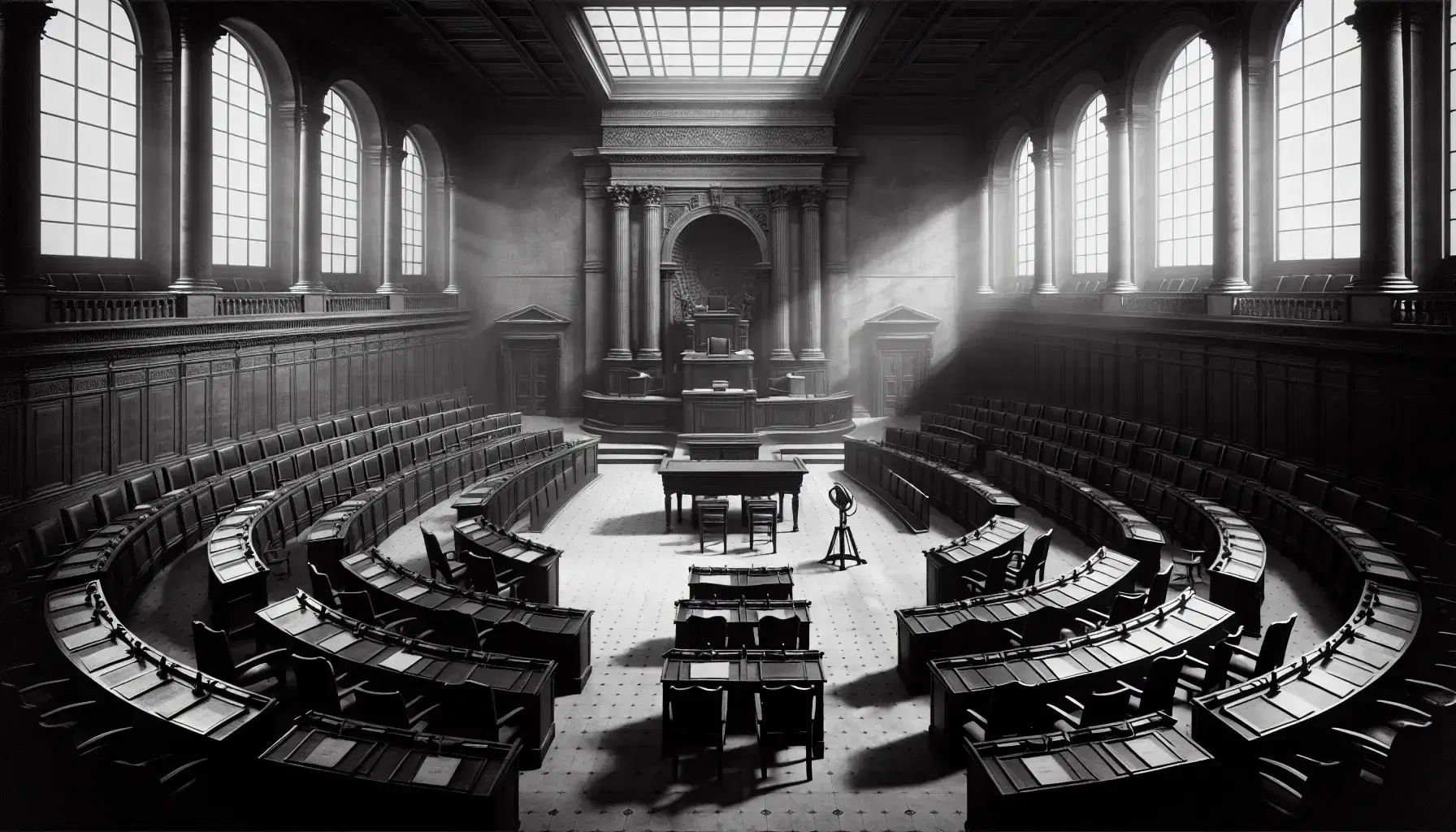 Interno vuoto del Reichstag durante la Repubblica di Weimar, con sedie e scrivanie in legno scuro e podio centrale con microfono vintage.