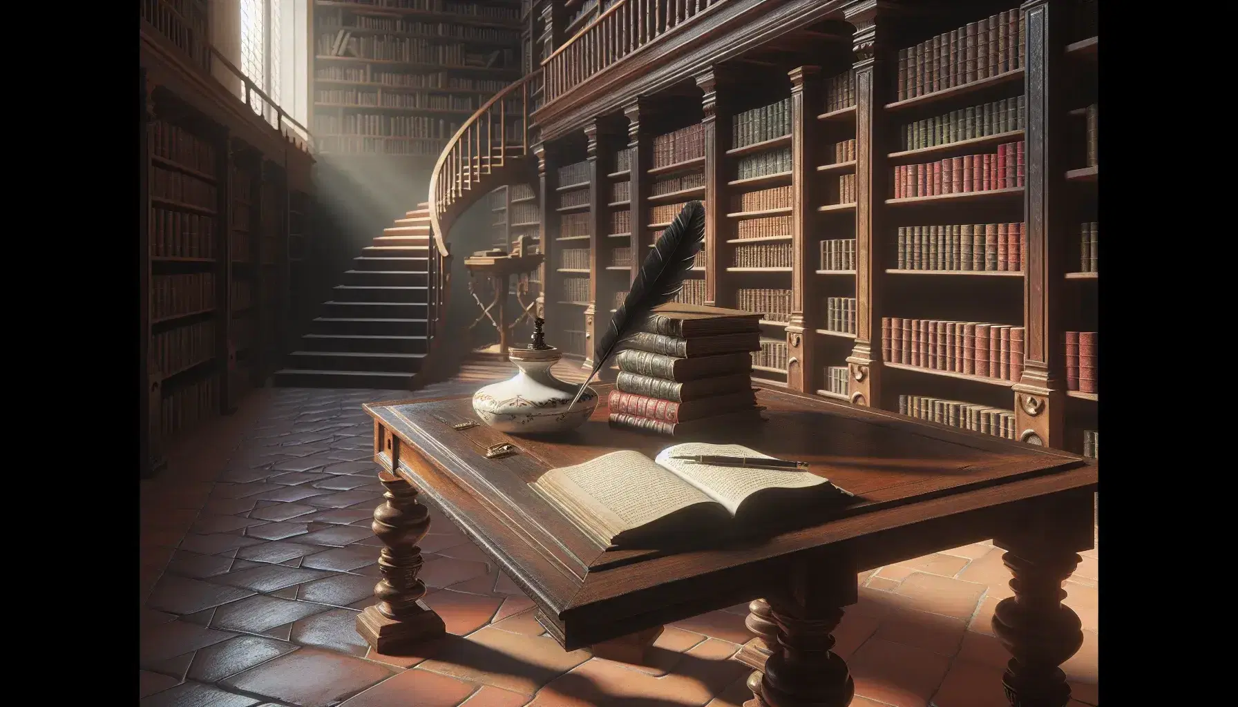 Biblioteca antigua con estantes de madera oscuros llenos de libros, mesa central con libro abierto, pluma y tintero, luz natural y escalera de caracol.