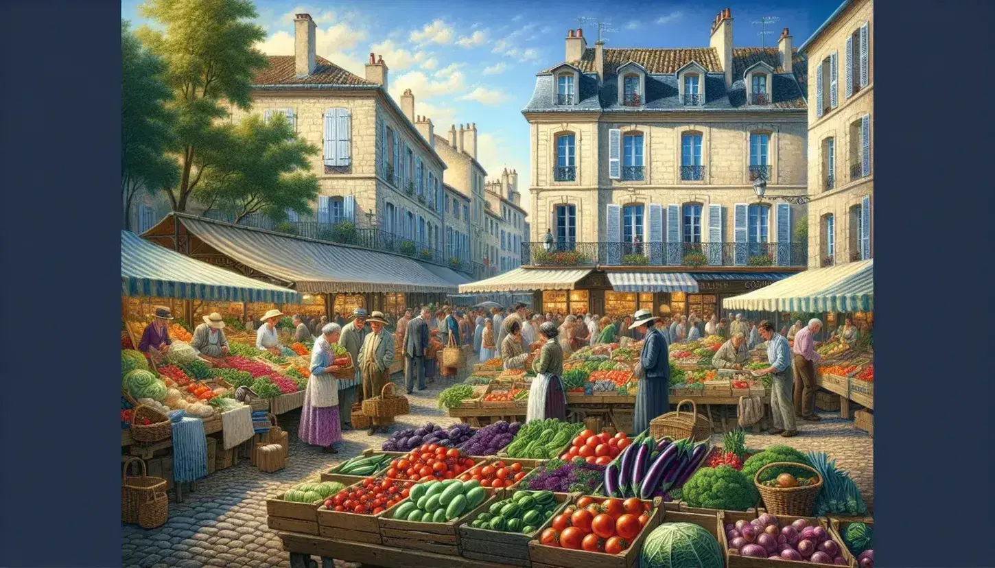 Bustling French market with colorful produce stalls, diverse shoppers, cream stone buildings with blue shutters, red roofs, and cobblestone streets.