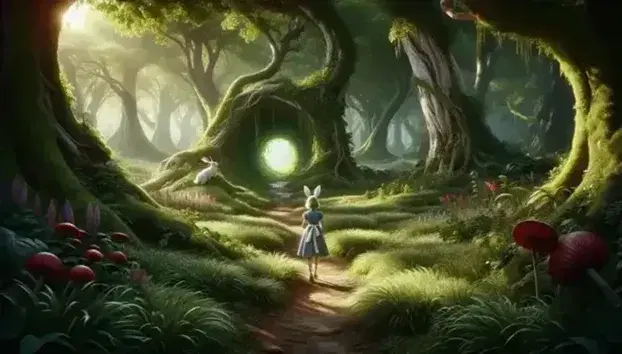 Ragazza bionda in abito blu cammina in foresta verso apertura circolare nel suolo, coniglio bianco in gilet rosso osserva.