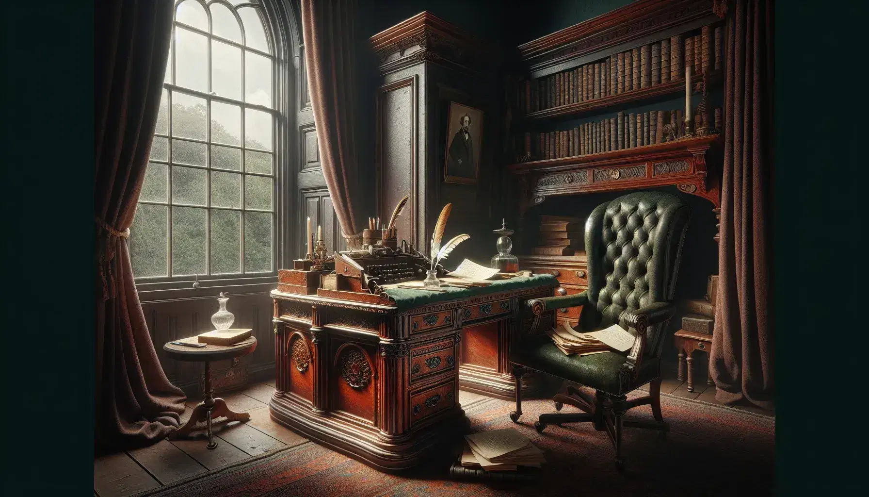 Victorian study with mahogany desk, quill pen, leather-bound book, green upholstered chair, draped window, fireplace, and book-lined walls.