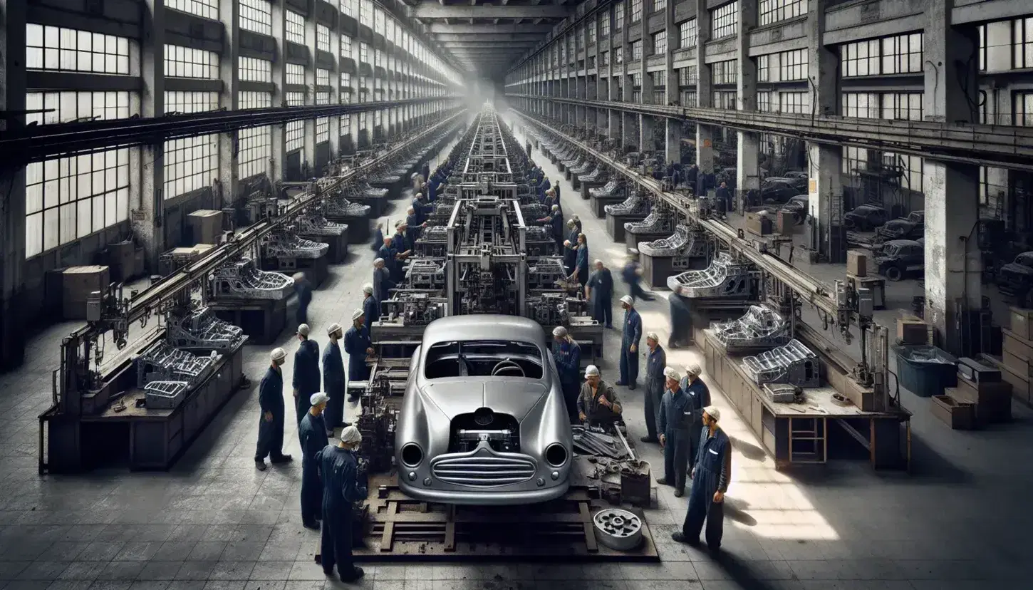Scena di operai in tuta blu e caschi bianchi al lavoro in una linea di montaggio di auto in una fabbrica italiana durante il boom economico.