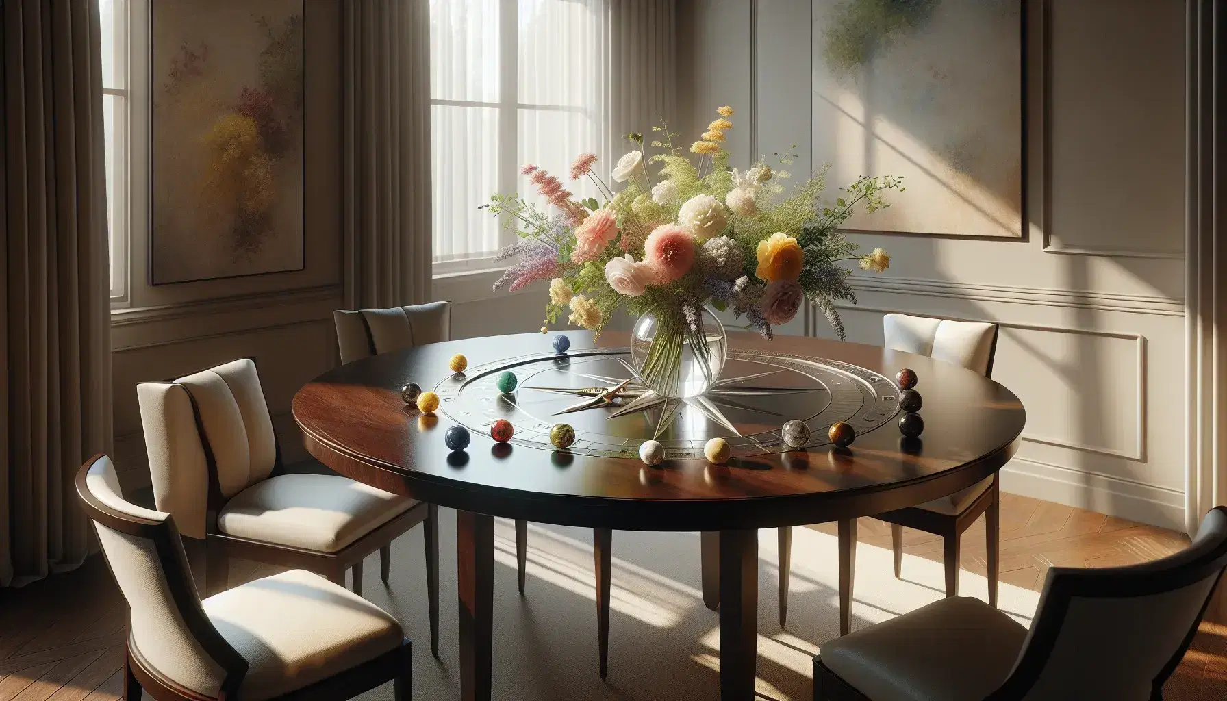 Round dark wooden table with cream upholstered chairs, vase of pastel flowers, compass and colored stones in a bright room with abstract painting.