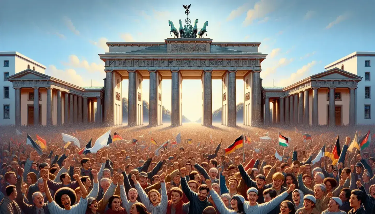 Diverse crowd celebrating in front of Berlin's Brandenburg Gate under a clear blue sky, showcasing the gate's neoclassical design and quadriga.