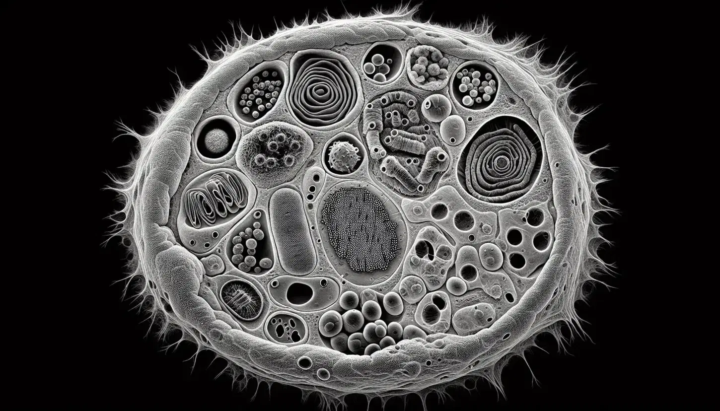 Micrografia elettronica di trasmissione di una cellula eucariotica con nucleo, nucleolo, cromatina, mitocondri, reticolo endoplasmatico, apparato di Golgi e membrana cellulare.