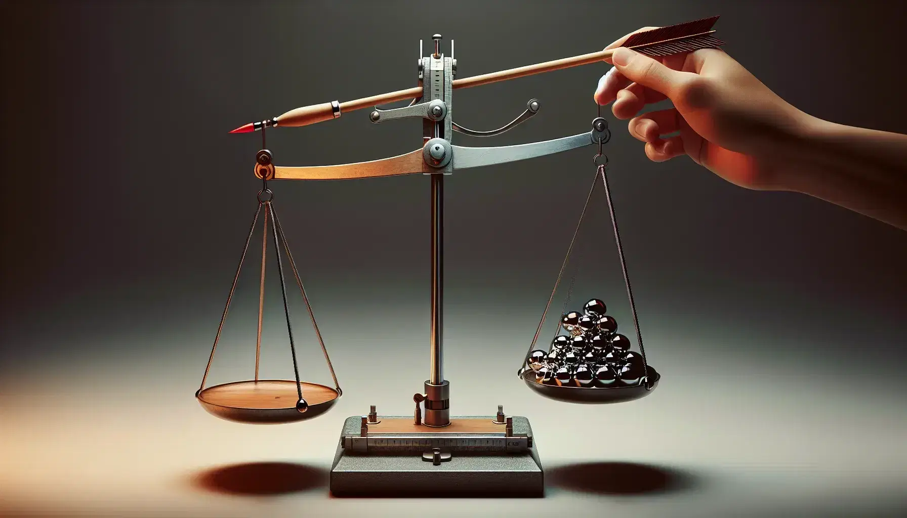 Bilancia a bracci uguali in equilibrio con sfere metalliche e freccia legnosa, simboli di quantità scalari e vettoriali, su sfondo neutro.