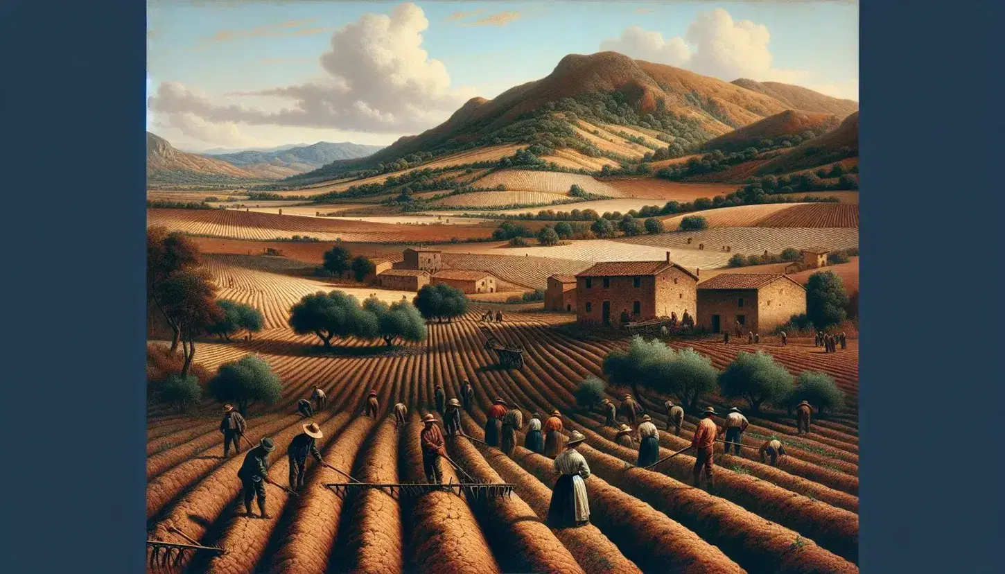 Paesaggio rurale del sud Italia con campo arato, colline con ulivi, edifici rurali, cielo azzurro e contadini al lavoro.