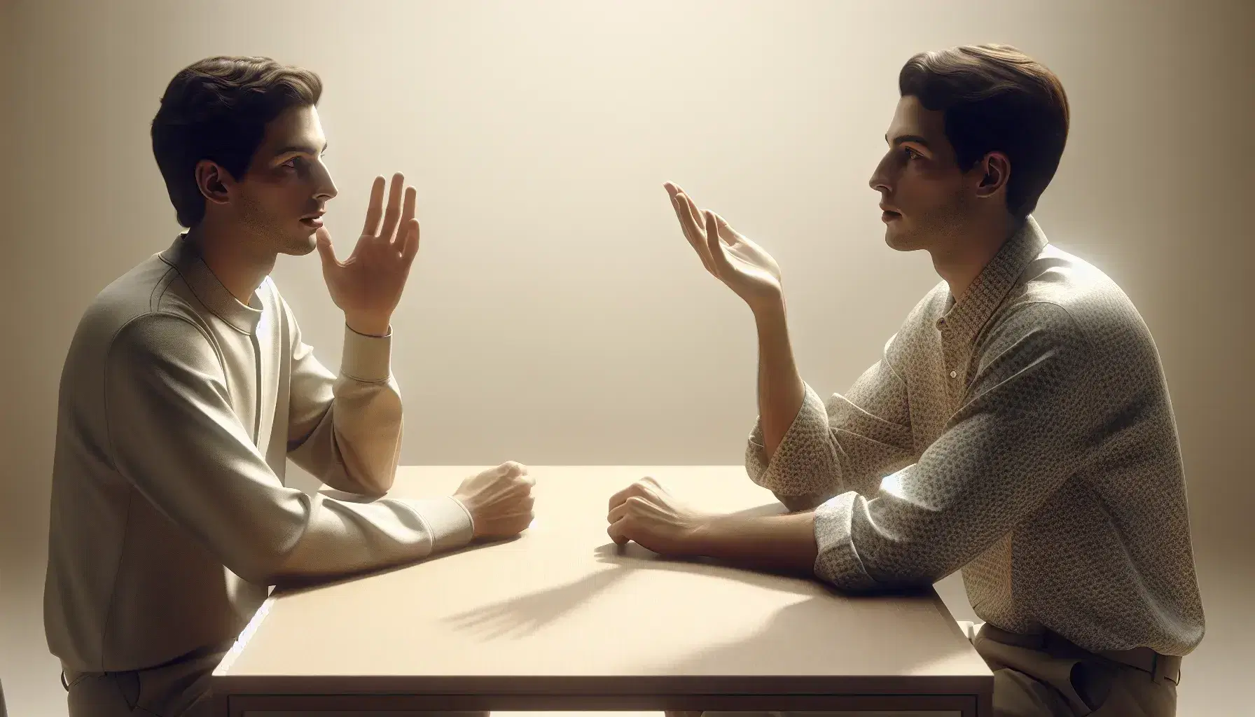 Dos personas conversando en un ambiente tranquilo, una hablando con gesto abierto y la otra escuchando atentamente, vestidas de forma casual y sentadas en una mesa de madera clara.