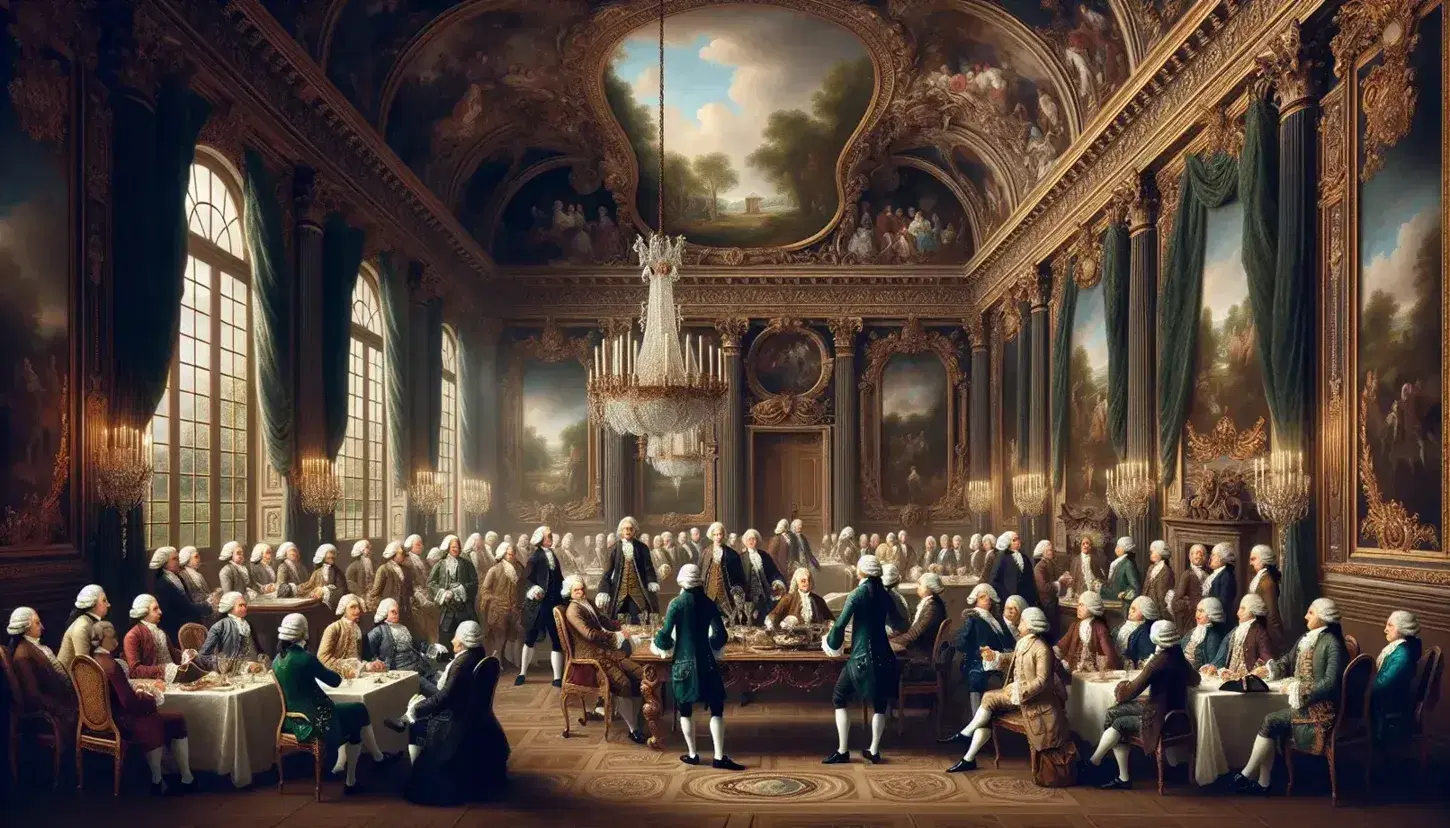 Elegant 18th-century French salon with gentlemen in traditional attire discussing around a grand table, amidst ornate decor and soft chandelier lighting.