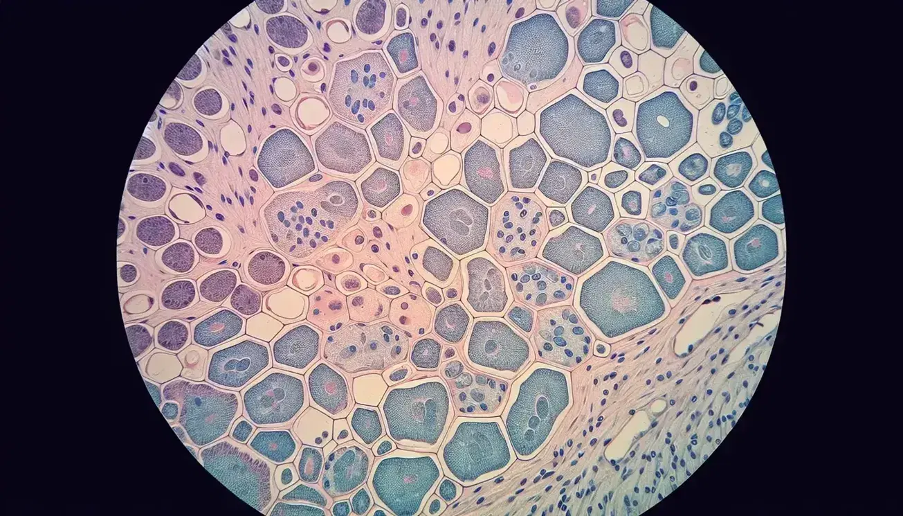 Vista microscópica de tejido epitelial sano con células poligonales y núcleos oscuros, sin espacios intercelulares y textura granular en el citoplasma.