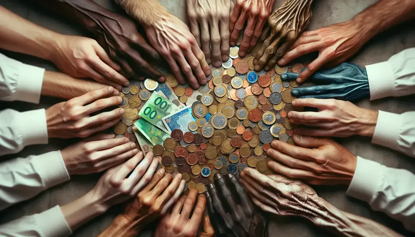 Manos de diversas tonalidades de piel extendiendo monedas y billetes hacia un montón central, simbolizando unidad y diversidad en la colaboración económica.