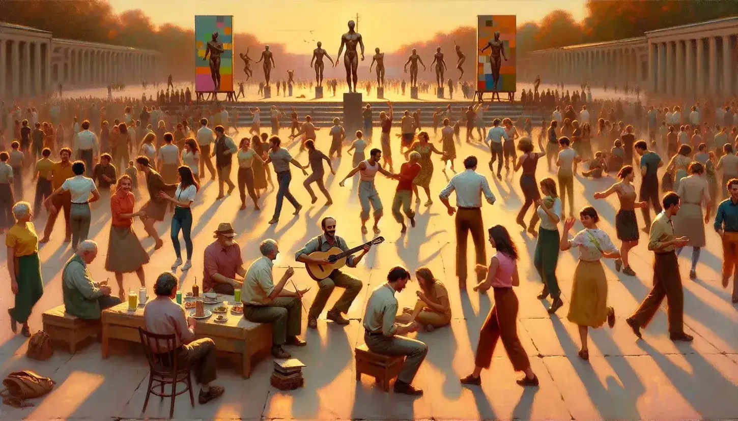 Grupo diverso disfrutando de música y baile al aire libre en un parque al atardecer, con estatuas artísticas de fondo y un lienzo a medio pintar en un caballete.