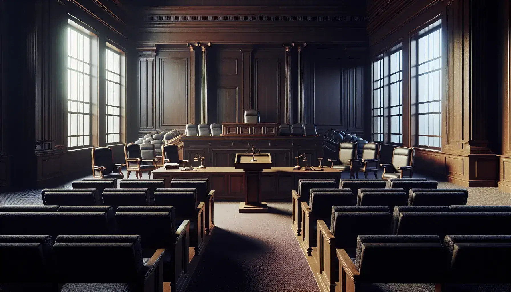 Aula di tribunale vuota con banco del giudice in legno scuro, podio testimoni, sedie blu per pubblico e giurati e moquette rossa.