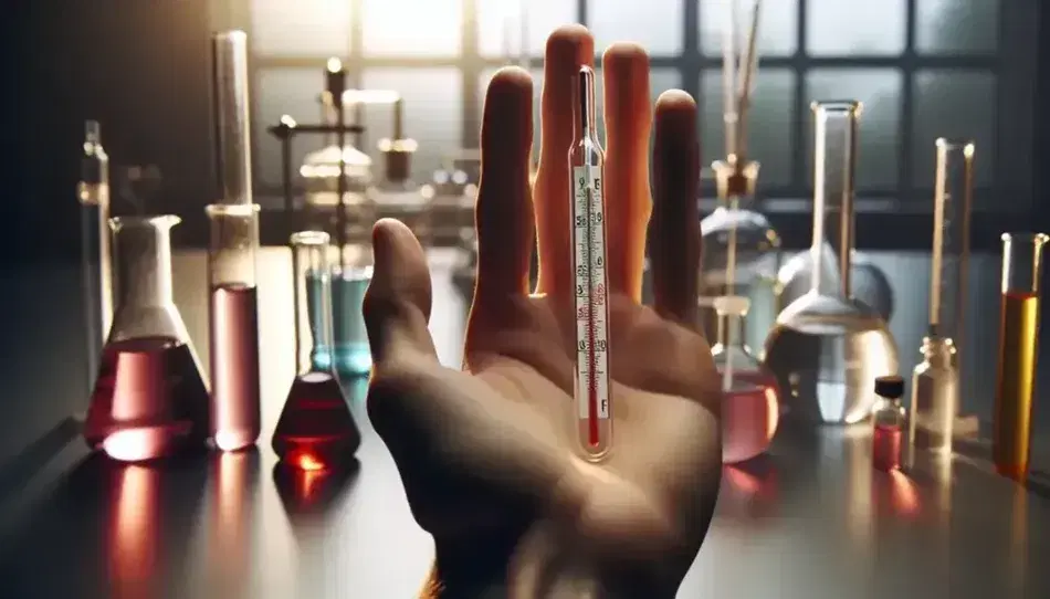 Mano sosteniendo termómetro de vidrio con líquido rojo en laboratorio, con frascos y tubos de ensayo desenfocados en el fondo.